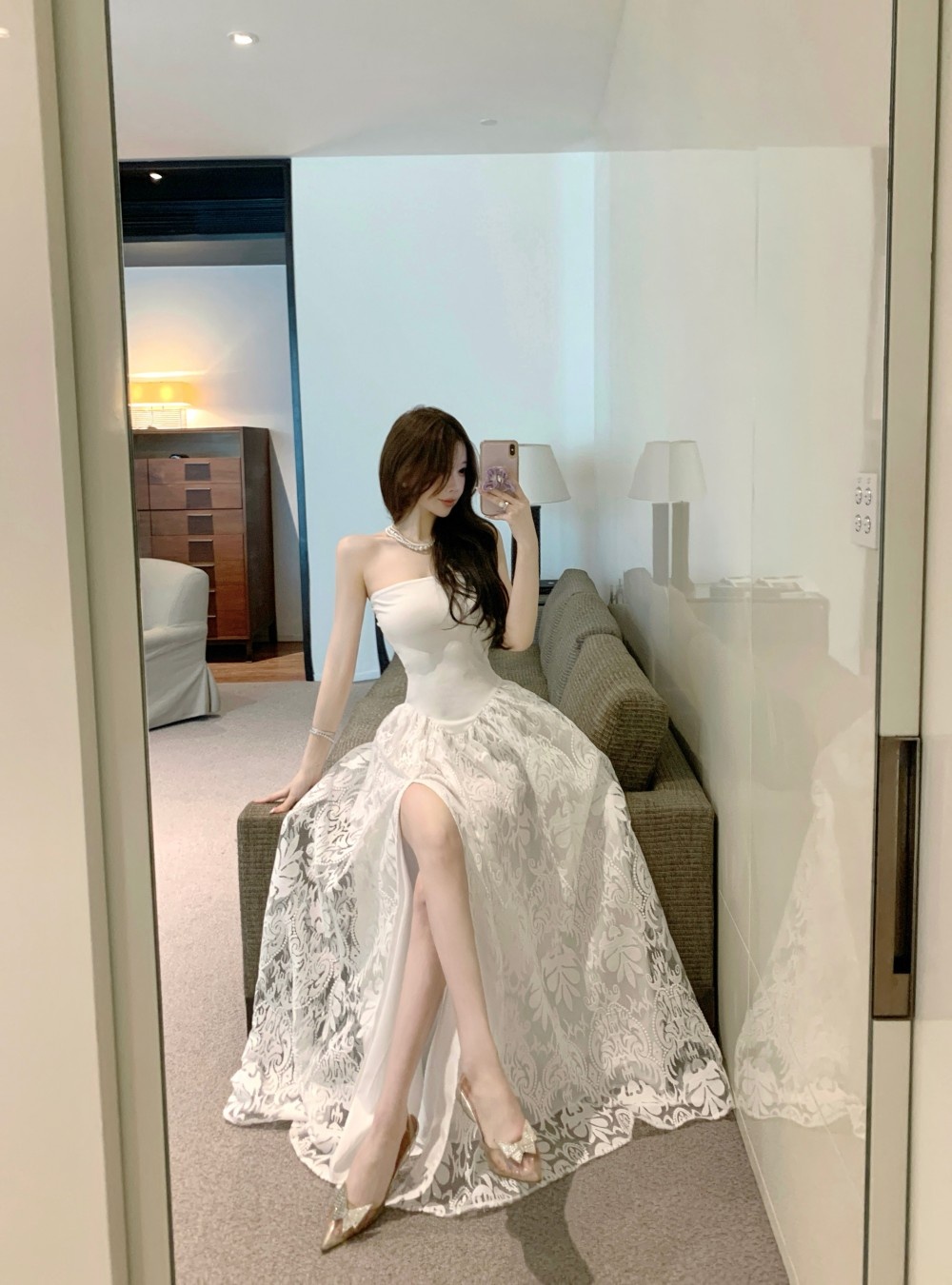 Lace jacquard wrapped chest France style split dress