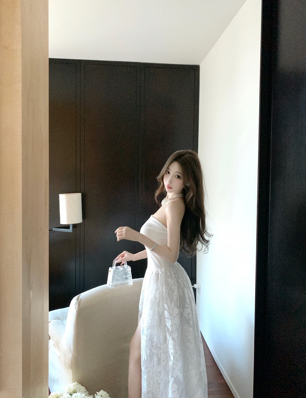 Lace jacquard wrapped chest France style split dress