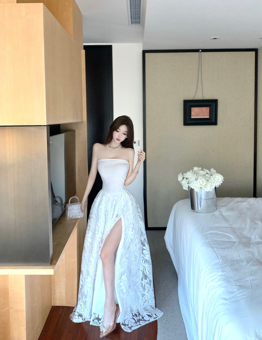 Lace jacquard wrapped chest France style split dress