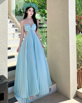 Hollow vacation light-blue long dress summer sexy dress