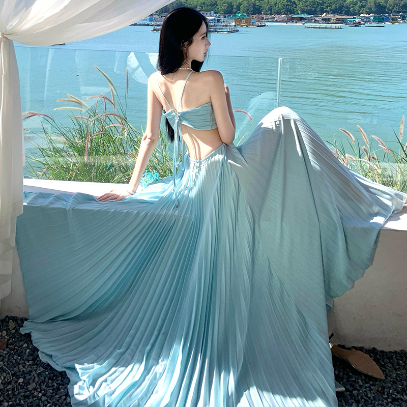 Hollow vacation light-blue long dress summer sexy dress