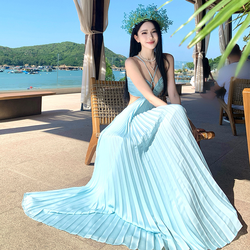Hollow vacation light-blue long dress summer sexy dress