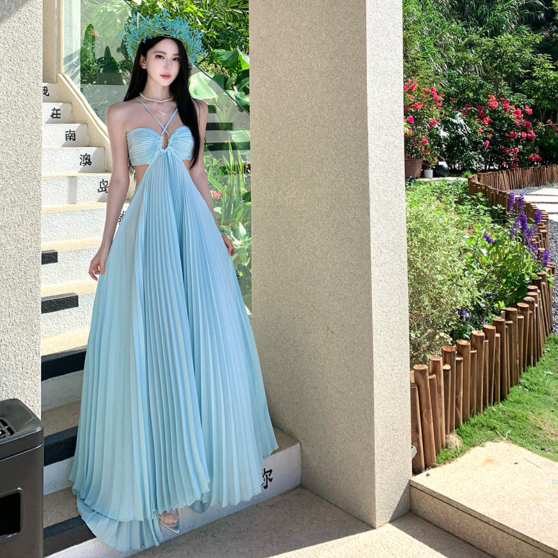 Hollow vacation light-blue long dress summer sexy dress