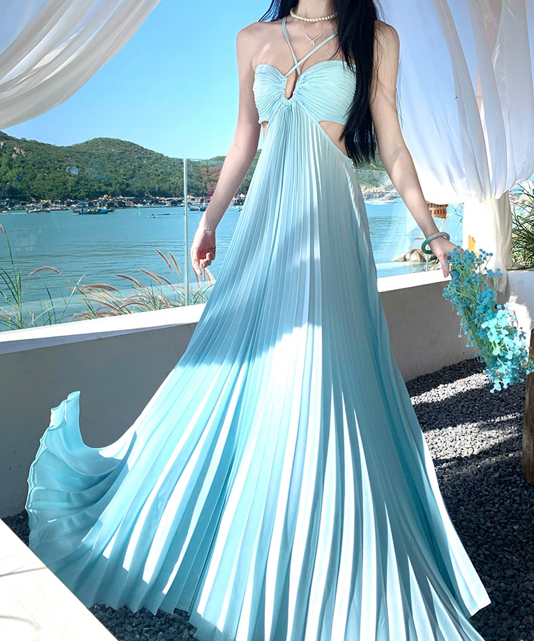 Hollow vacation light-blue long dress summer sexy dress