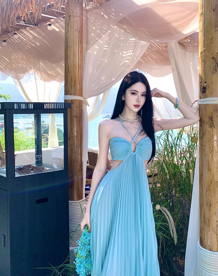 Hollow vacation light-blue long dress summer sexy dress