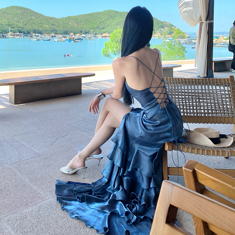 Sling formal dress lotus leaf edges dress