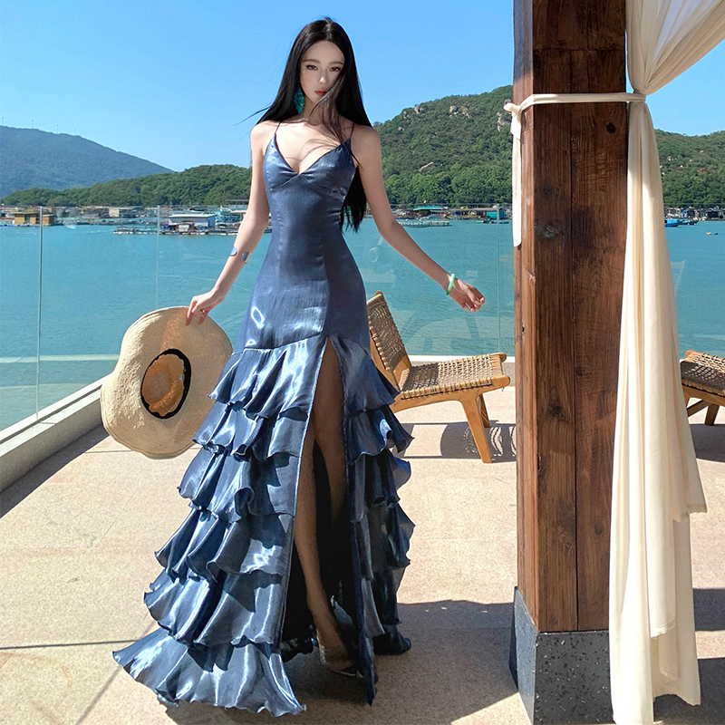 Sling formal dress lotus leaf edges dress