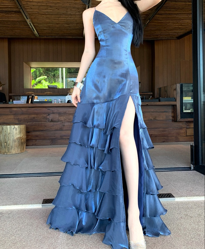 Sling formal dress lotus leaf edges dress