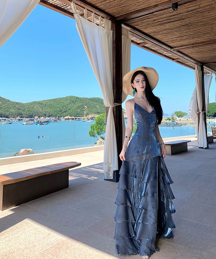 Sling formal dress lotus leaf edges dress