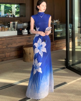 Summer blue dress printing pinched waist long dress