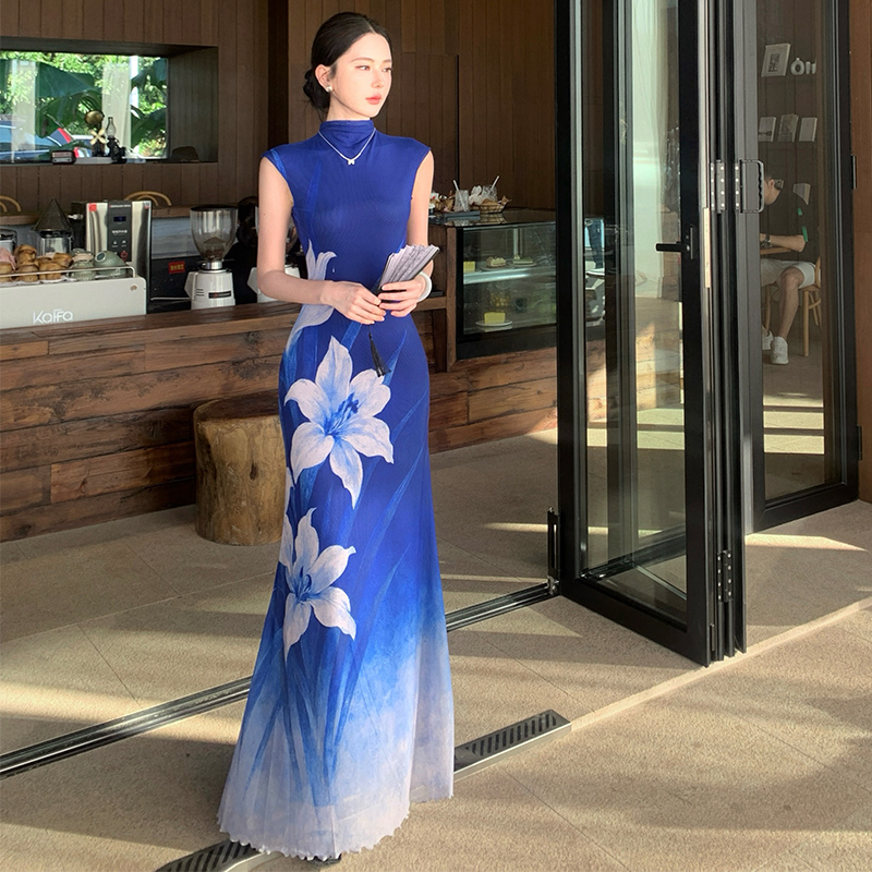 Summer blue dress printing pinched waist long dress