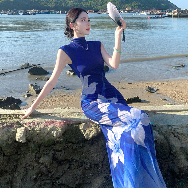 Summer blue dress printing pinched waist long dress