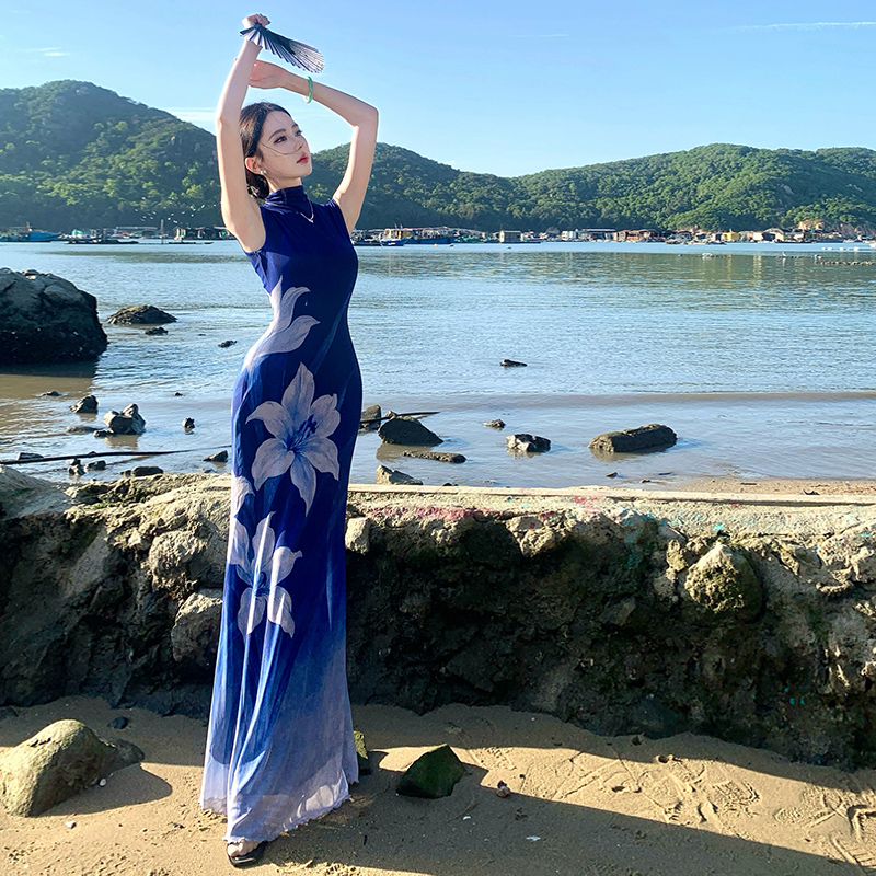 Summer blue dress printing pinched waist long dress