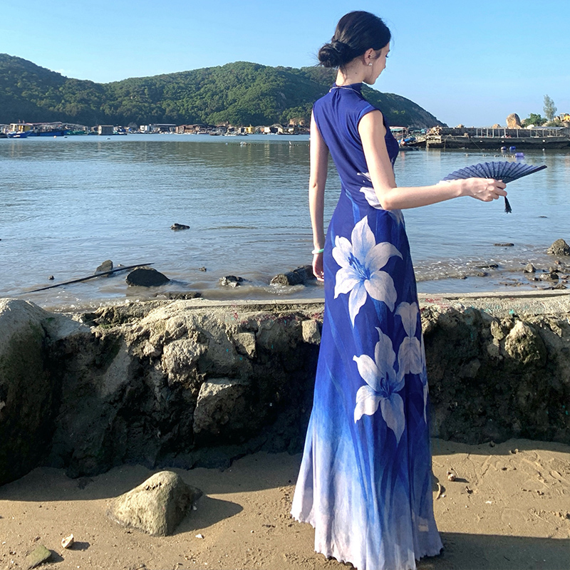 Summer blue dress printing pinched waist long dress