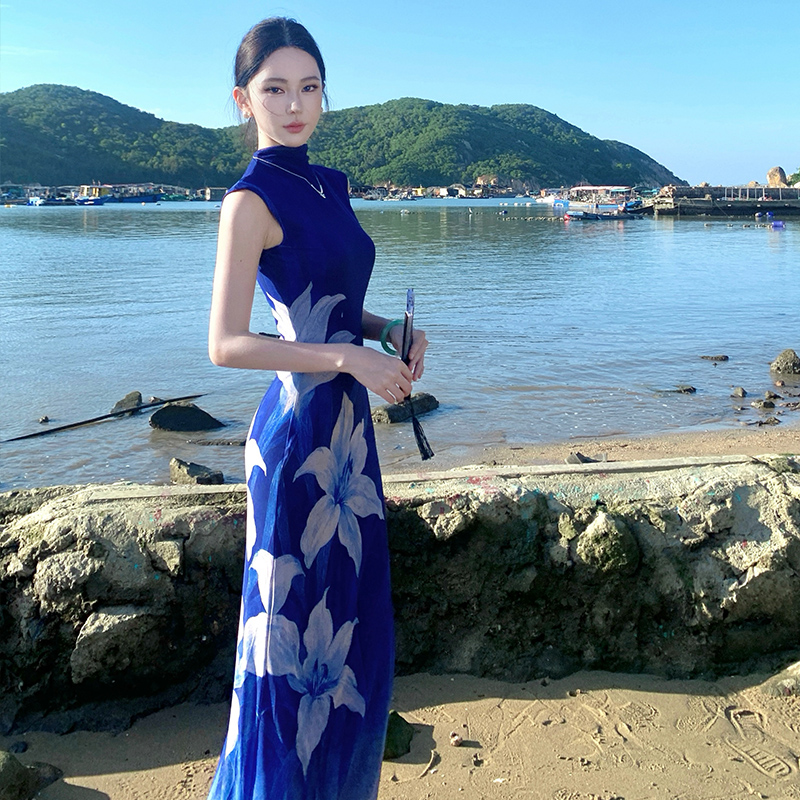 Summer blue dress printing pinched waist long dress