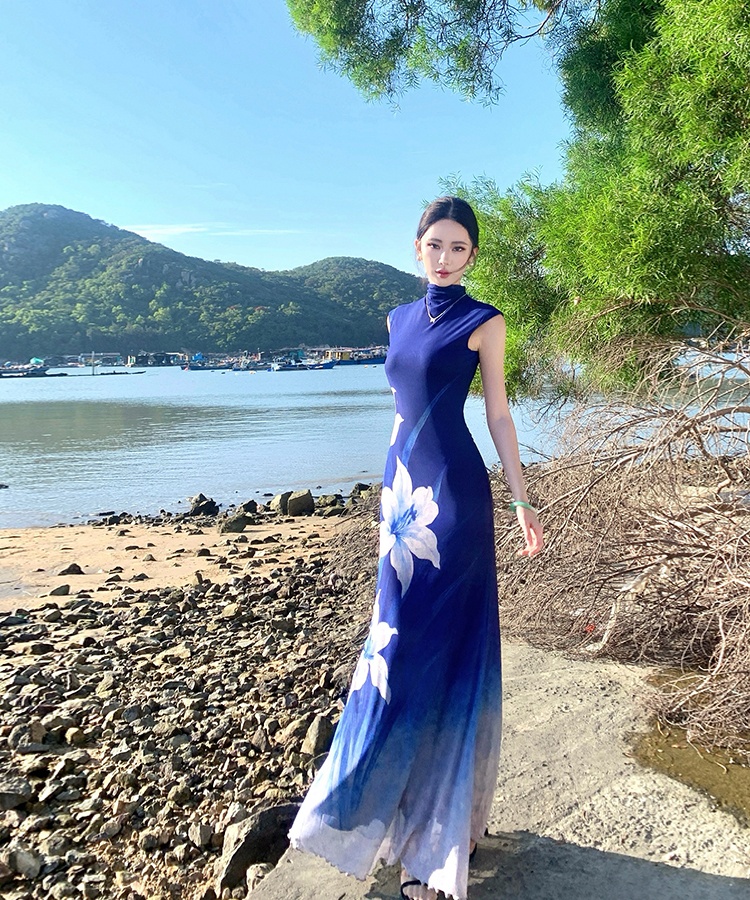 Summer blue dress printing pinched waist long dress