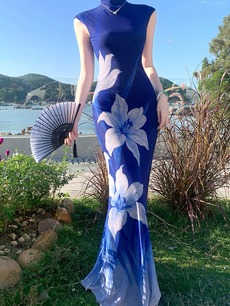 Summer blue dress printing pinched waist long dress