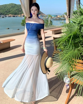 Flat shoulder blue long dress gradient dress for women
