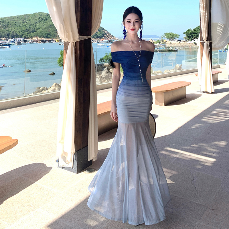 Flat shoulder blue long dress gradient dress for women