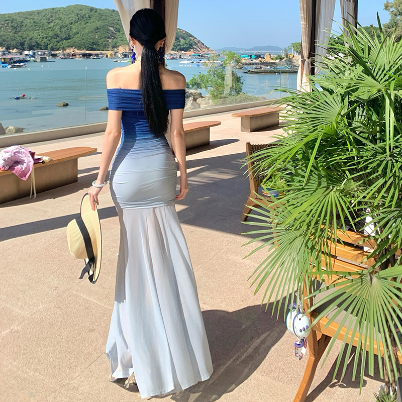 Flat shoulder blue long dress gradient dress for women