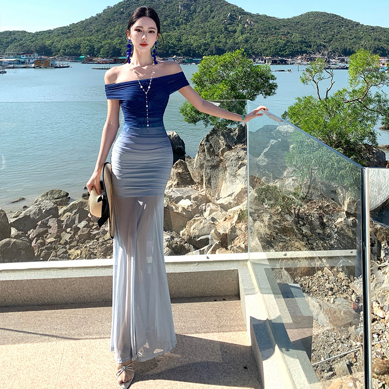 Flat shoulder blue long dress gradient dress for women