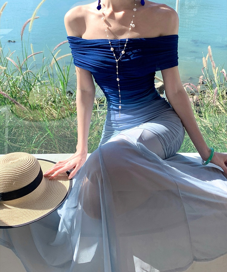 Flat shoulder blue long dress gradient dress for women