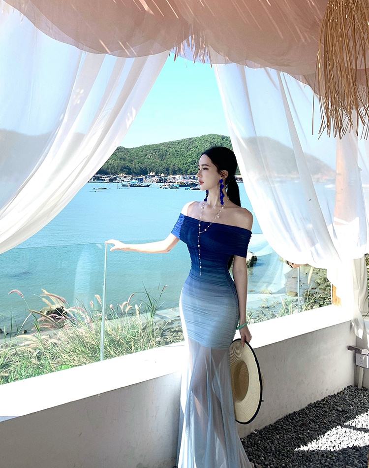 Flat shoulder blue long dress gradient dress for women