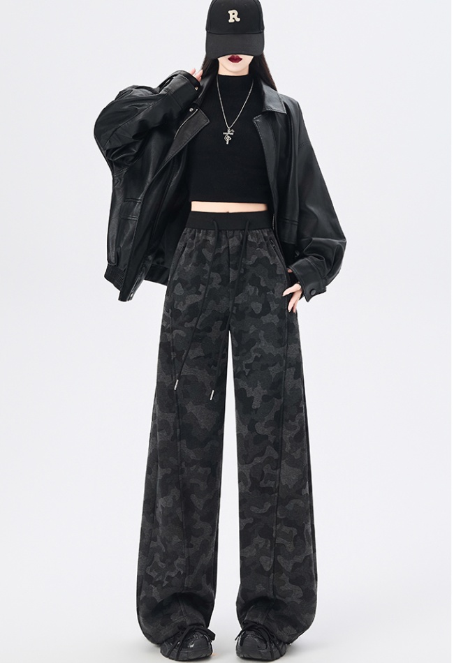 Screw thread straight winter wide leg pants for women