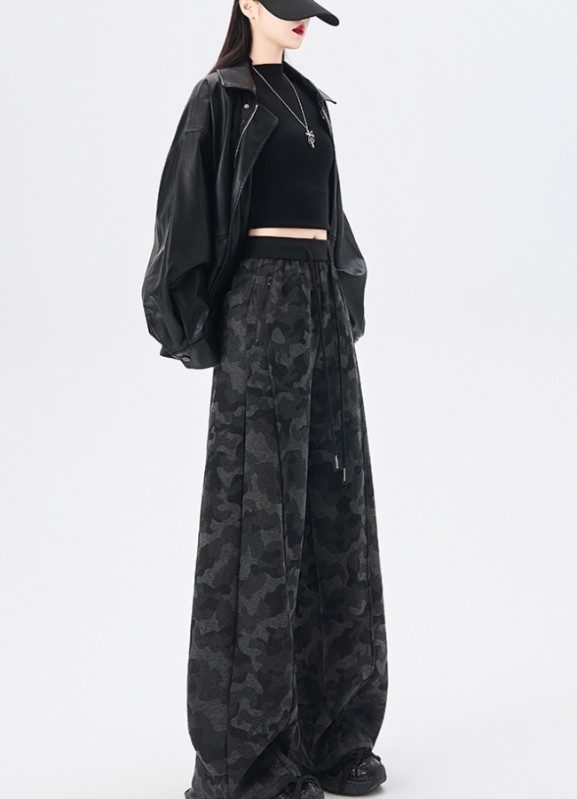 Screw thread straight winter wide leg pants for women