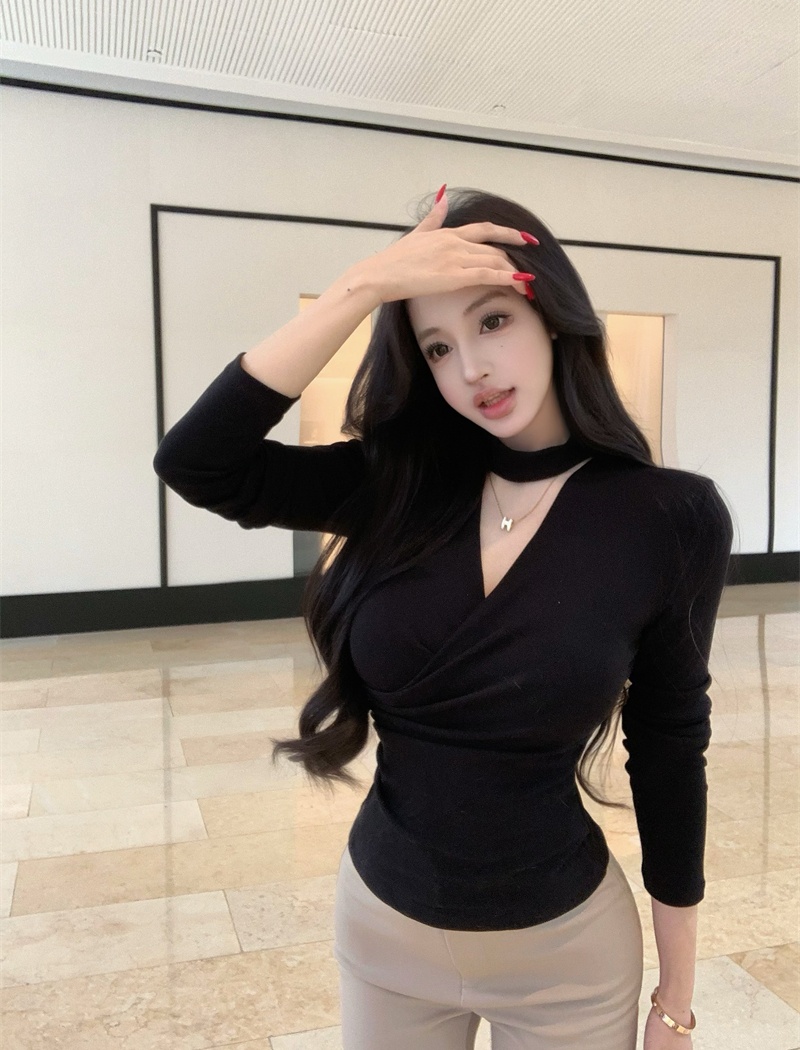 Temperament V-neck tops long sleeve T-shirt