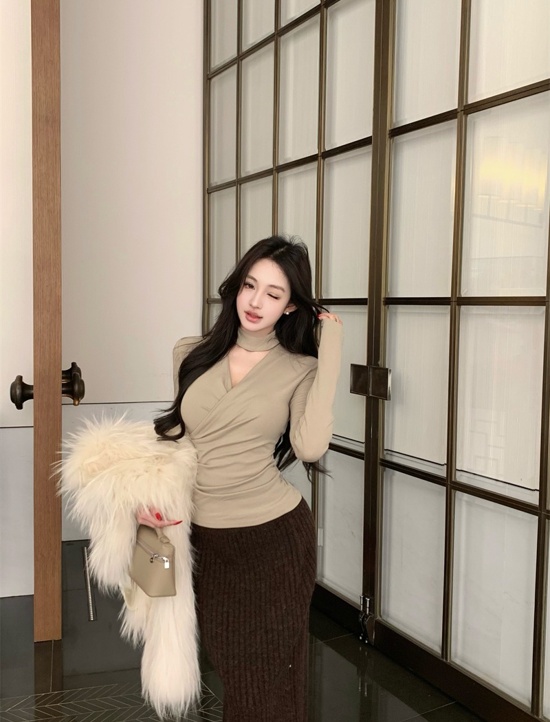 Temperament V-neck tops long sleeve T-shirt