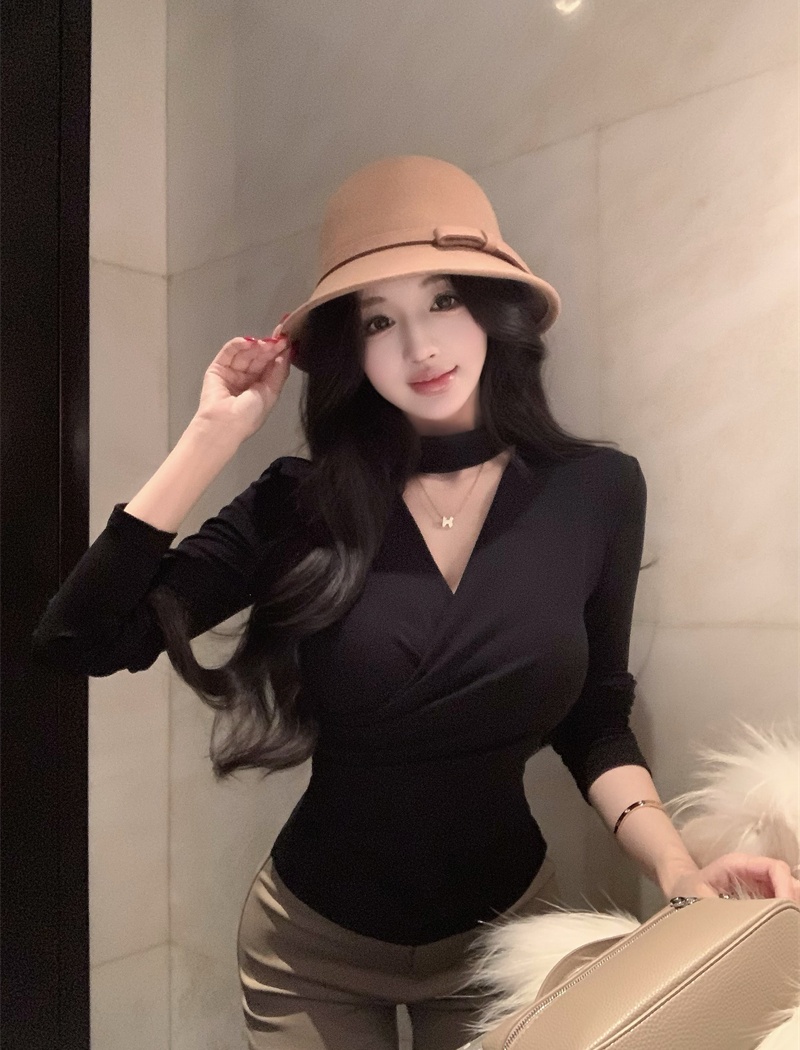 Temperament V-neck tops long sleeve T-shirt