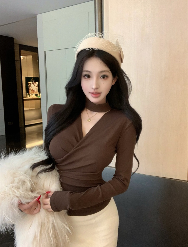 Temperament V-neck tops long sleeve T-shirt