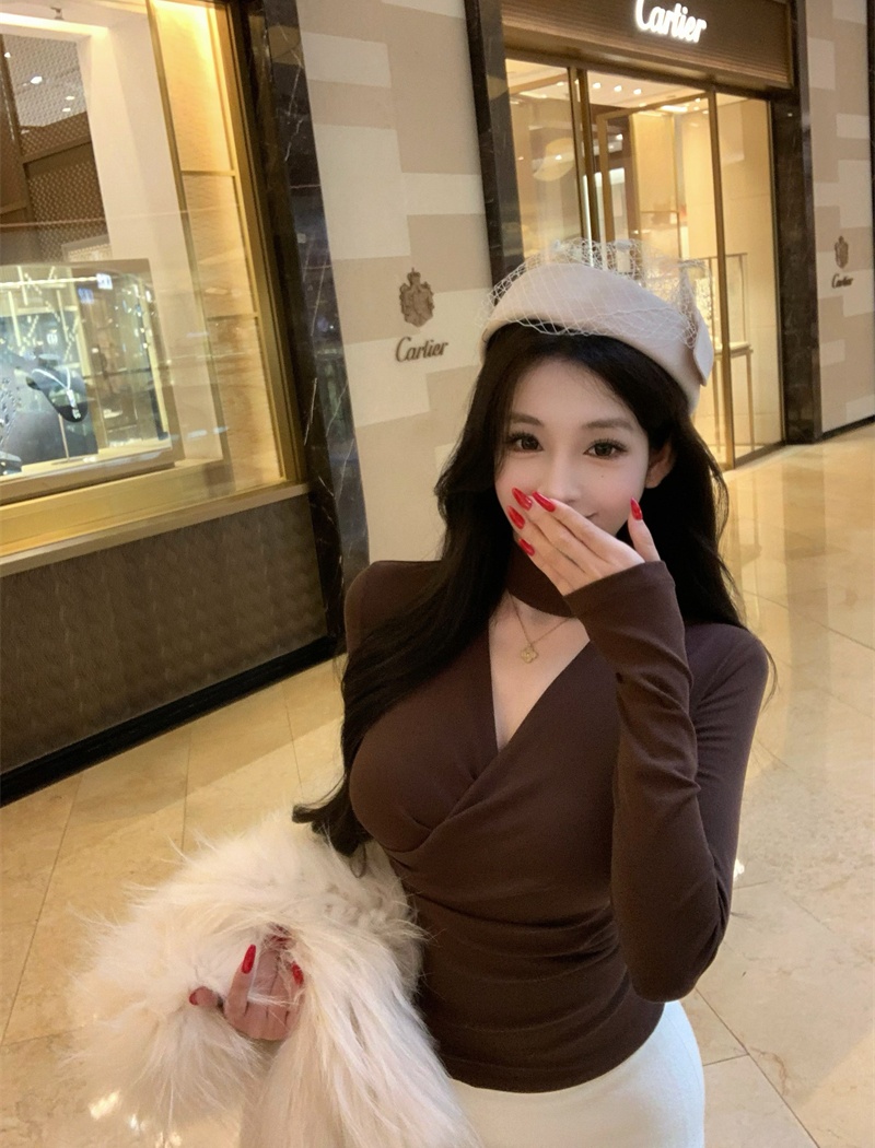 Temperament V-neck tops long sleeve T-shirt