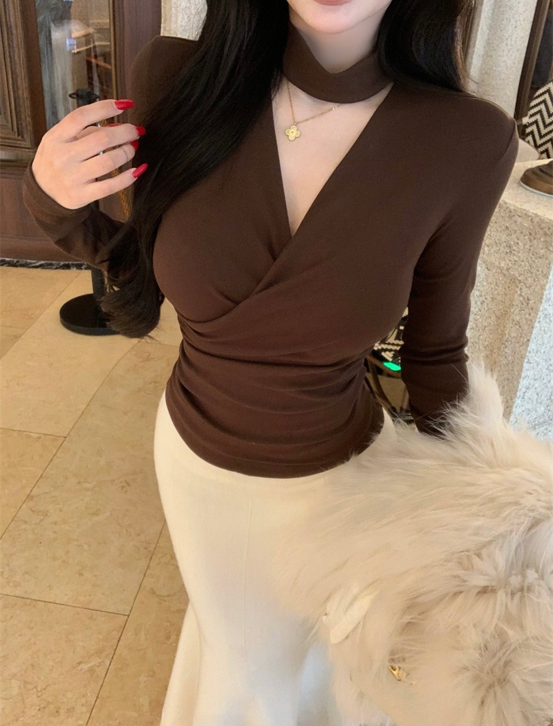 Temperament V-neck tops long sleeve T-shirt