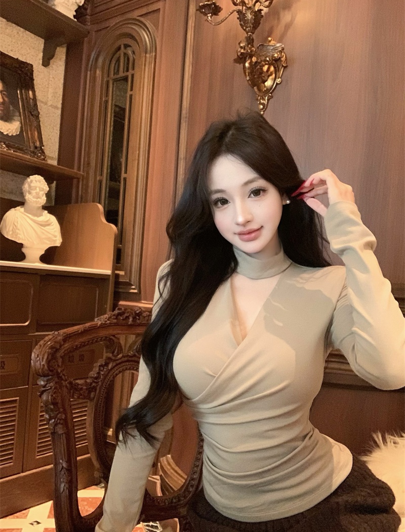 Temperament V-neck tops long sleeve T-shirt