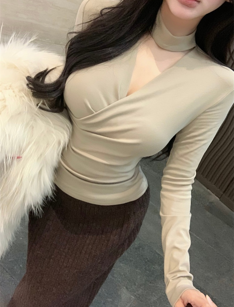 Temperament V-neck tops long sleeve T-shirt