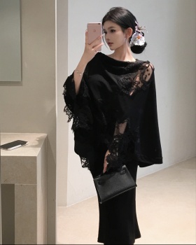 Knitted sexy shawl enticement lace T-shirt 2pcs set