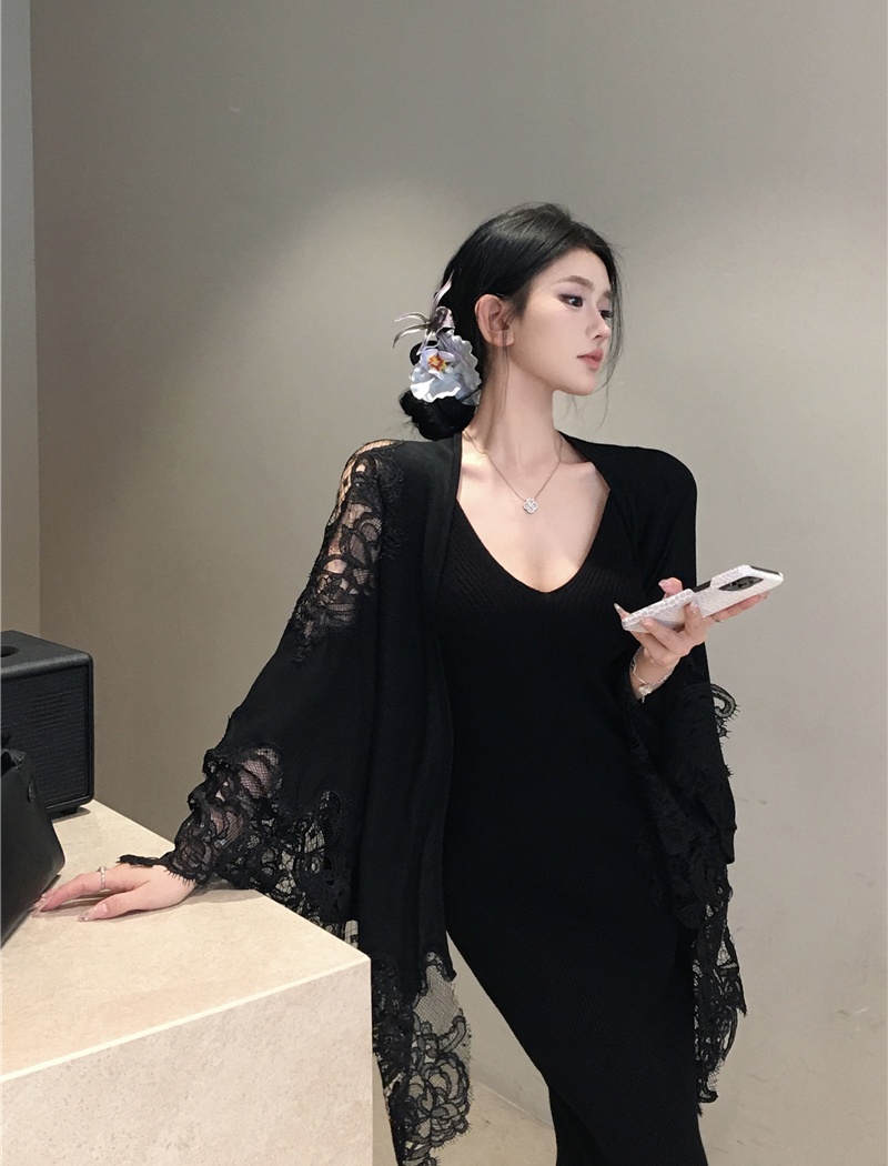 Knitted sexy shawl enticement lace T-shirt 2pcs set
