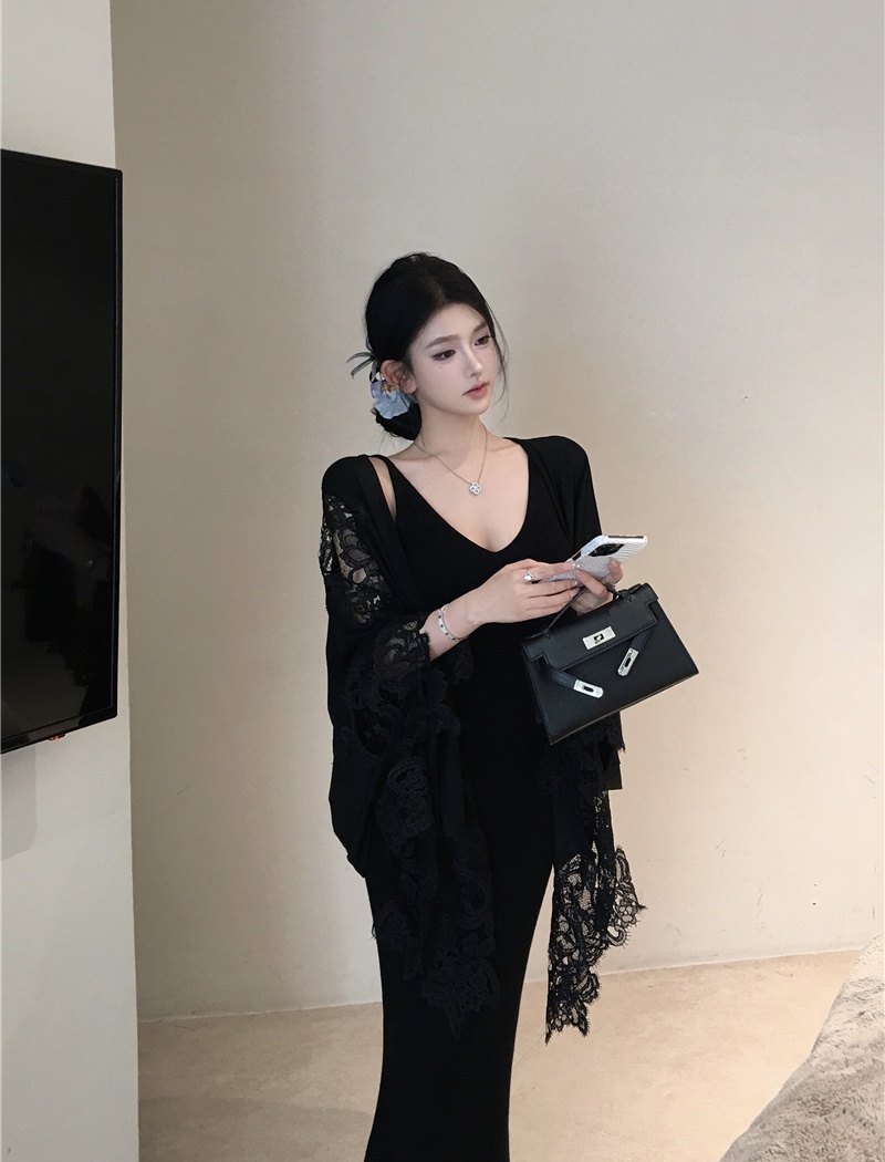 Knitted sexy shawl enticement lace T-shirt 2pcs set