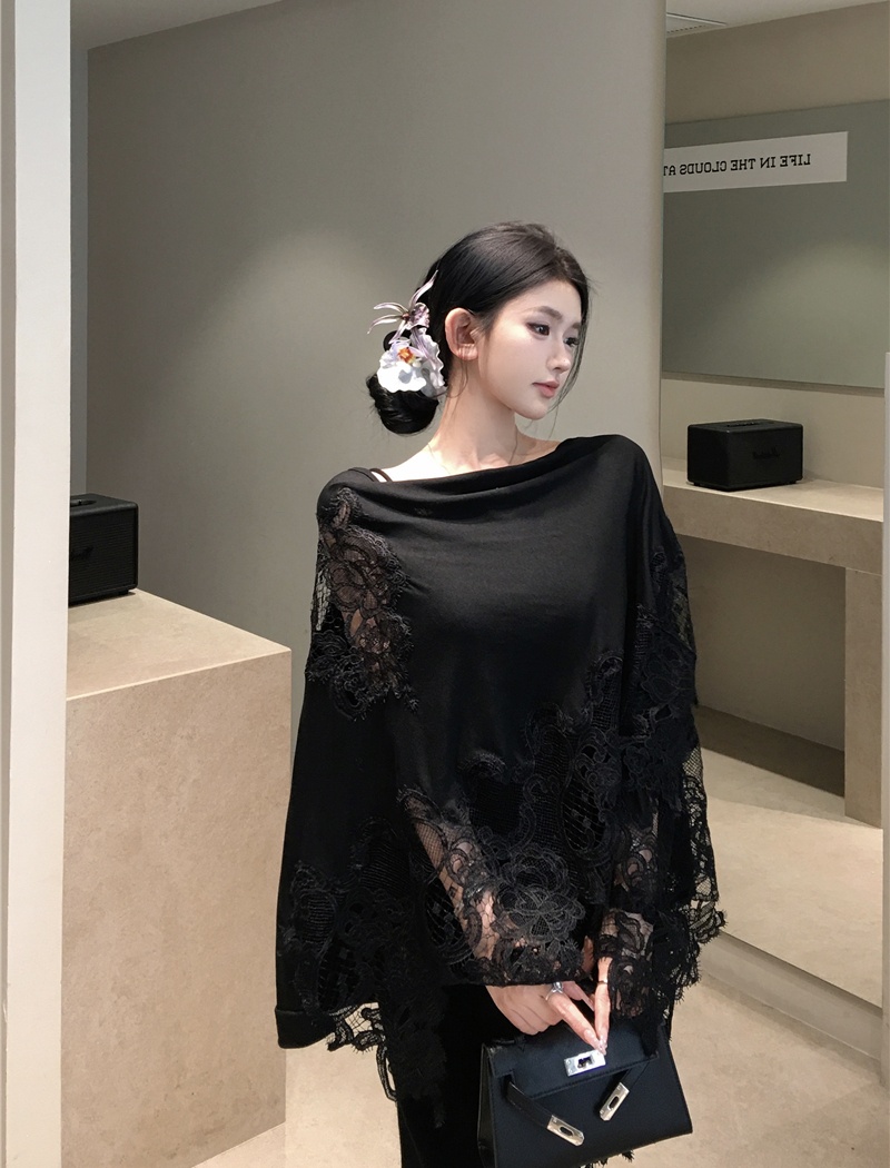 Knitted sexy shawl enticement lace T-shirt 2pcs set