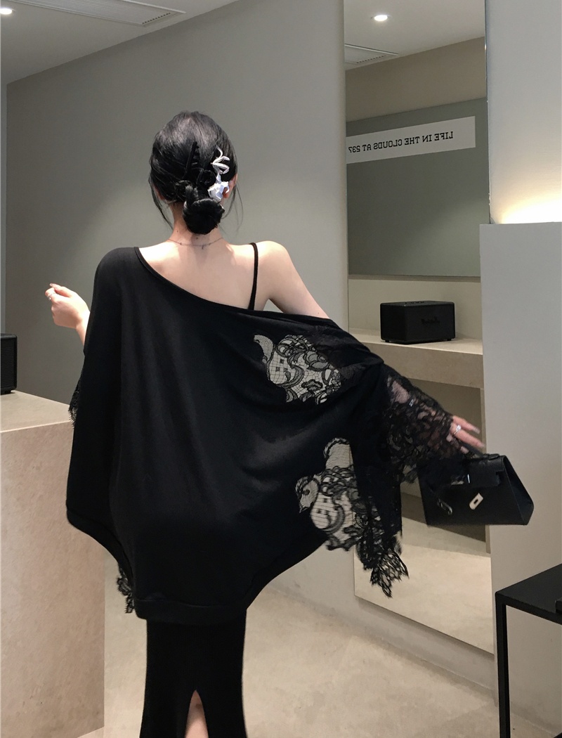 Knitted sexy shawl enticement lace T-shirt 2pcs set