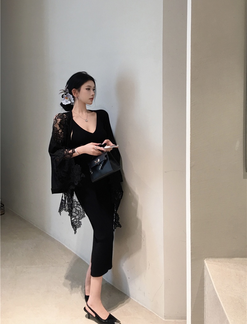 Knitted sexy shawl enticement lace T-shirt 2pcs set