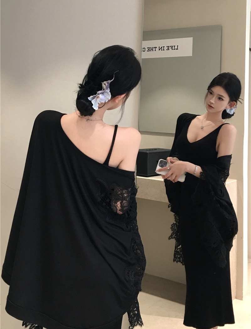 Knitted sexy shawl enticement lace T-shirt 2pcs set