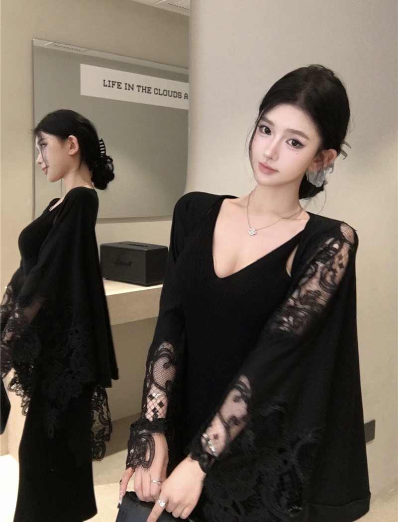 Knitted sexy shawl enticement lace T-shirt 2pcs set