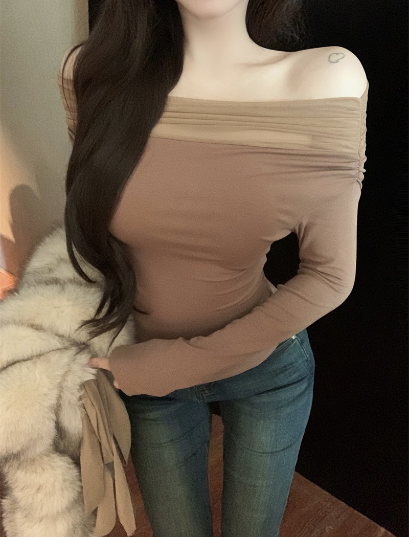 Tender slim tops flat shoulder long sleeve T-shirt
