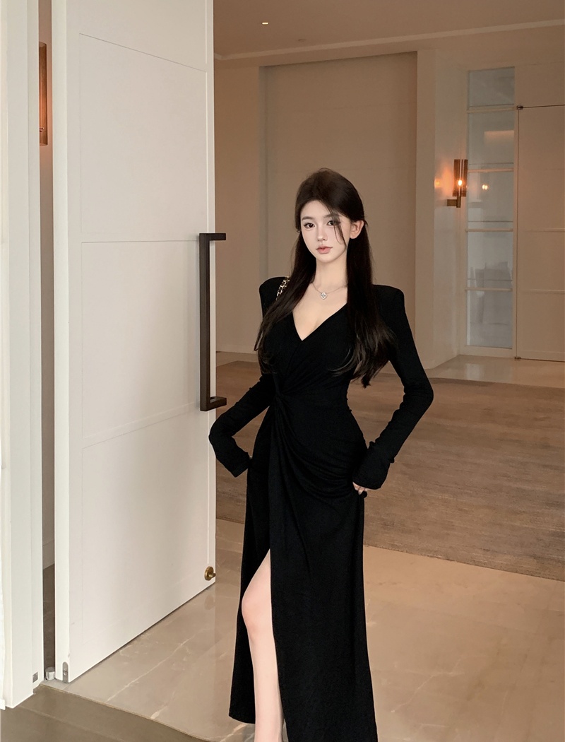 Long sleeve package hip slim autumn retro long dress