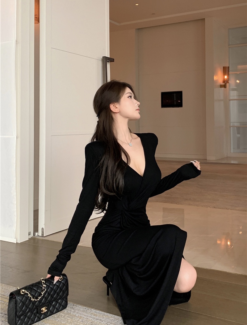 Long sleeve package hip slim autumn retro long dress