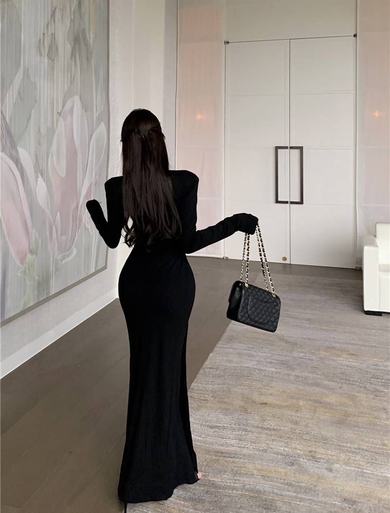 Long sleeve package hip slim autumn retro long dress
