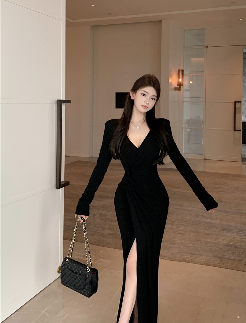 Long sleeve package hip slim autumn retro long dress